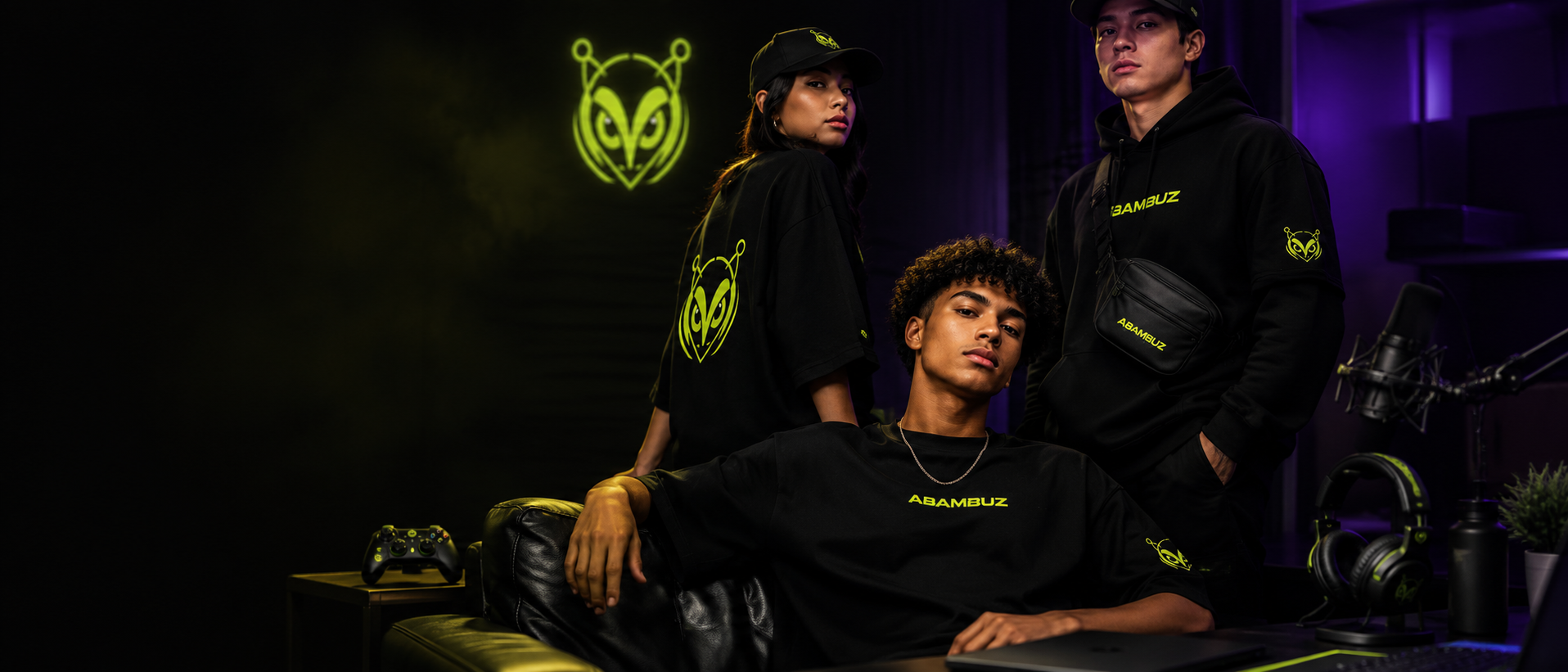 ABAMBUZ Universe photorealistic hero image showing branded streetwear and gaming lifestyle
