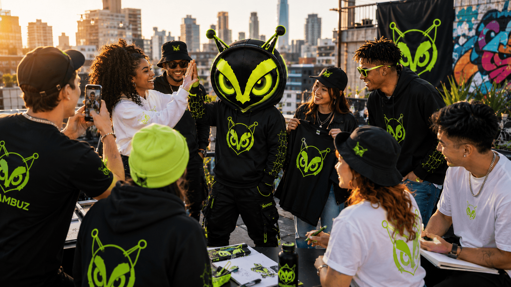 ABAMBUZ mascot storytelling world with streetwear and digital culture