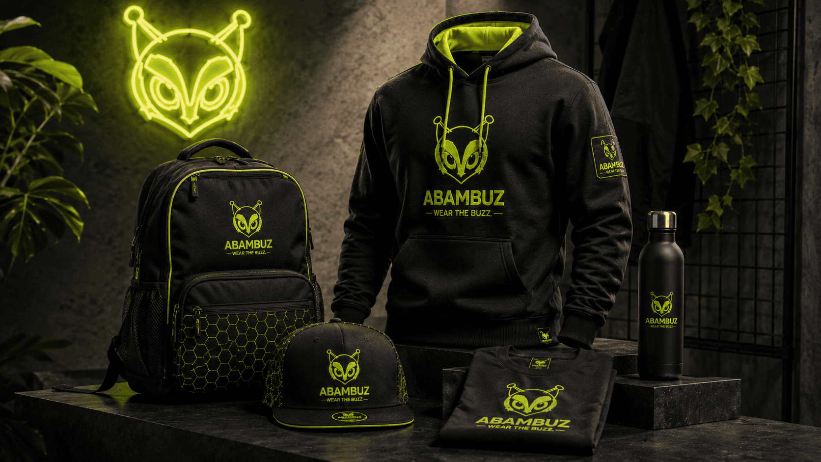 ABAMBUZ mascot across hoodie cap sticker and packaging designs