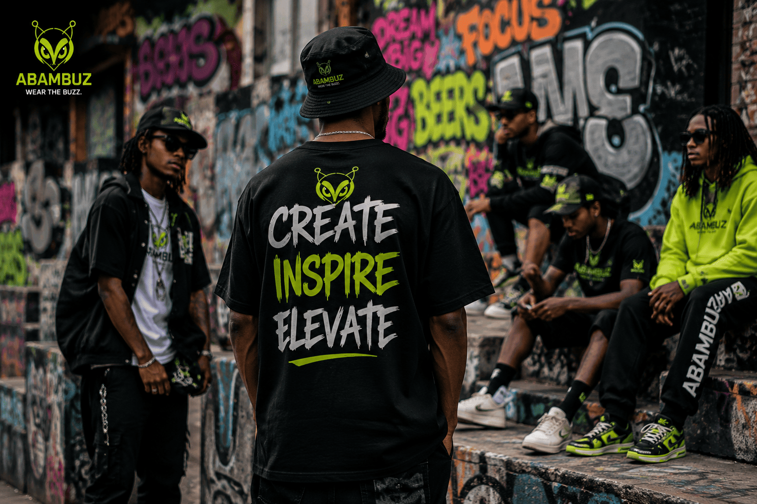 ABAMBUZ community wearing mascot streetwear